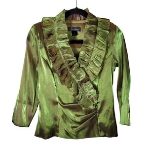 Jessica Howard green pleated ruffle collar top Size Small